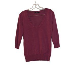 Sela Tricot Knit Sweater Delicate Deep Scoop 3/4 Sleeves Rosewood Pink Women M